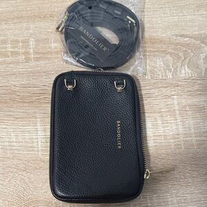 Bandolier Black Leather Phone Pouch with Gold Details